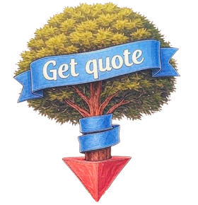 Book your quote for tree service in Victoria BC today! A tree with a red arrow is point down, and a blue ribbon says