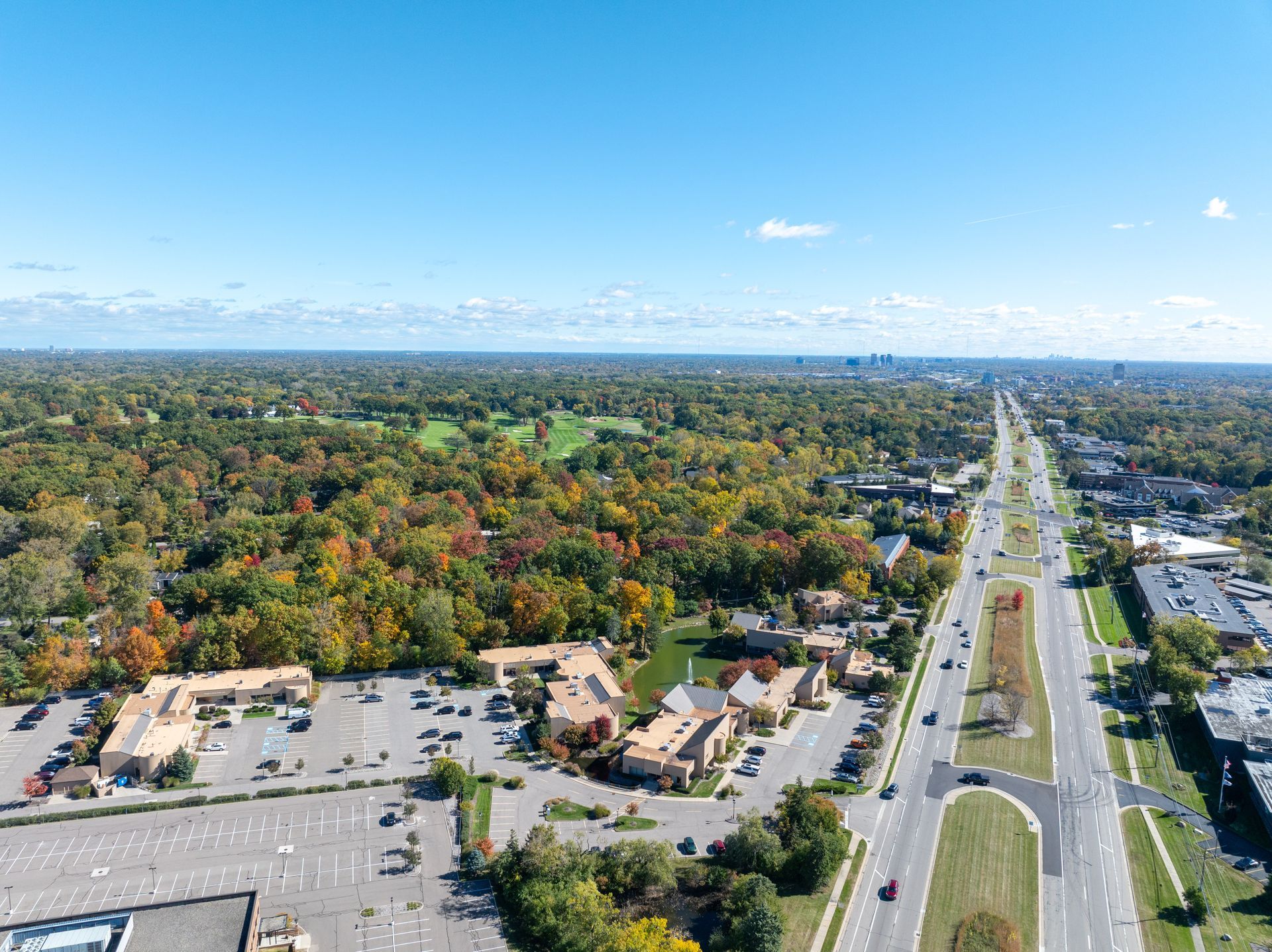 Aerial view of road lined with businesses, next to a green forest. Blue sky overhead.