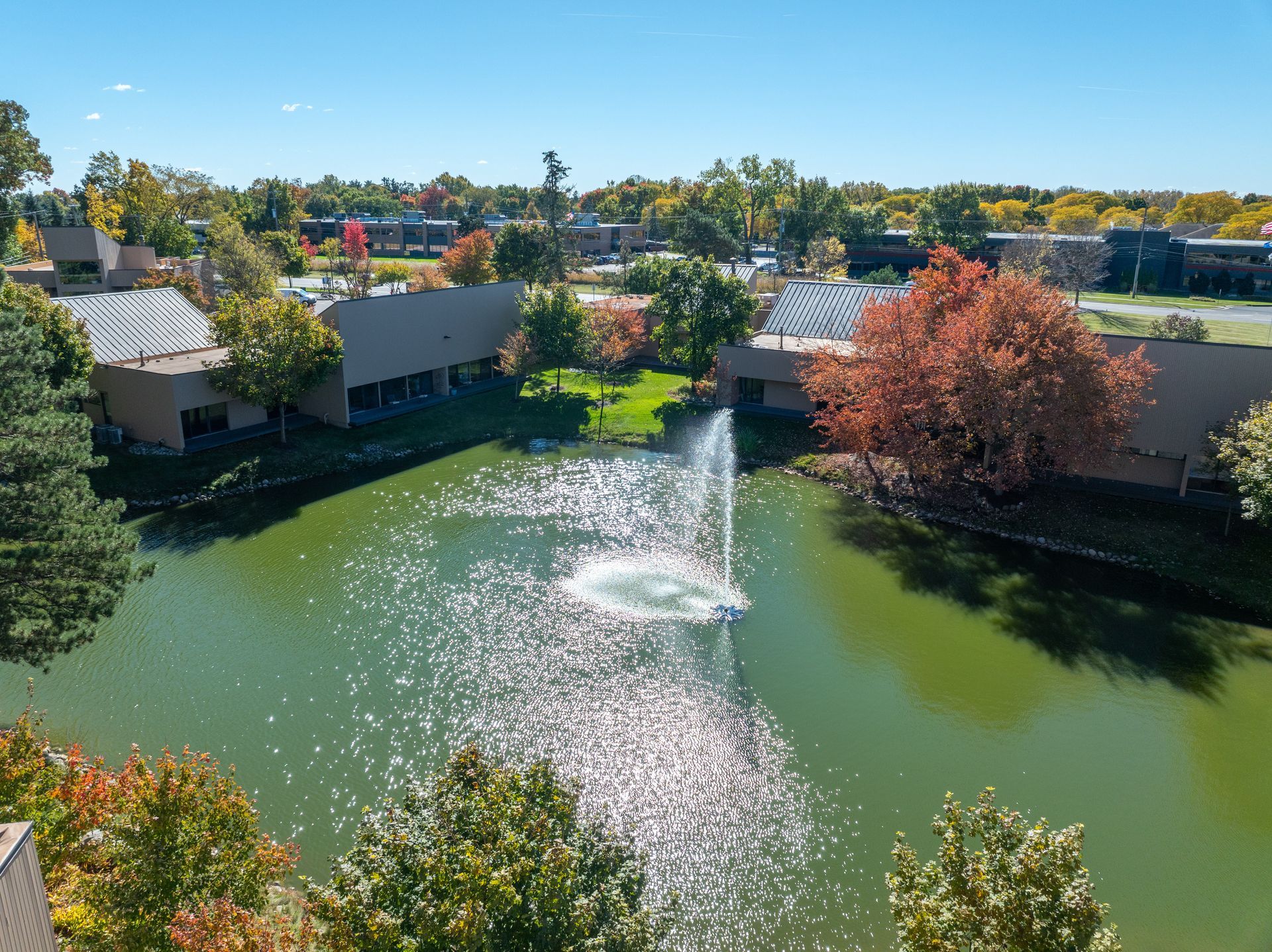Pond with a fountain, surrounded by buildings, green grass, and trees with autumn foliage, under a blue sky.