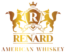 A logo for renard american whiskey with two squirrels and a crown