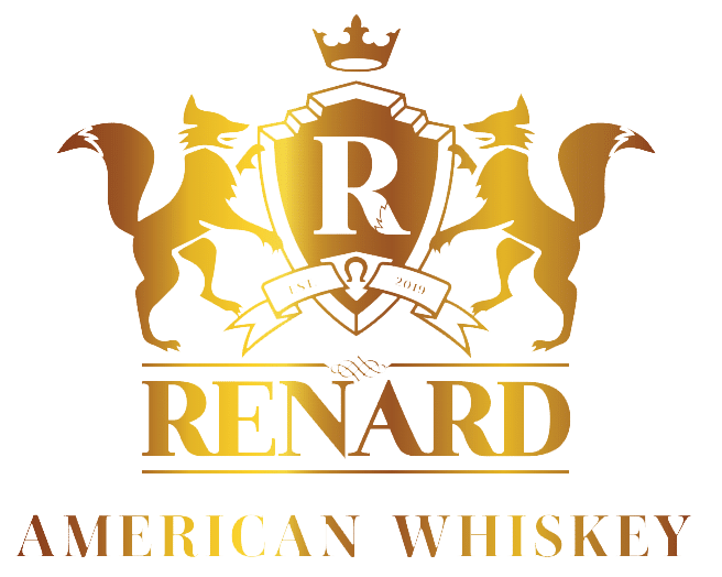 A logo for renard american whiskey with two squirrels and a crown