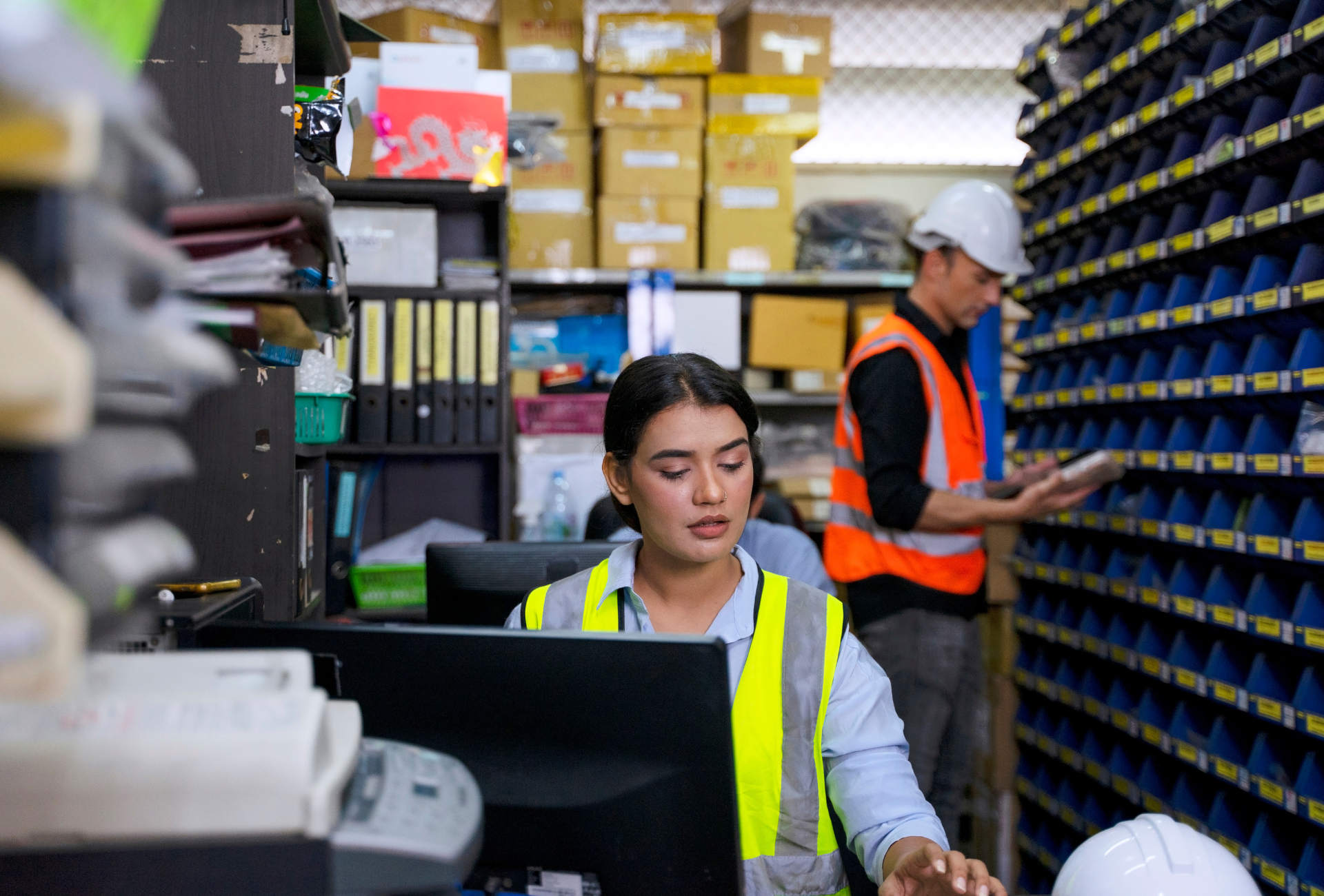 a woman is sitting in front of a computer in a warehouse .