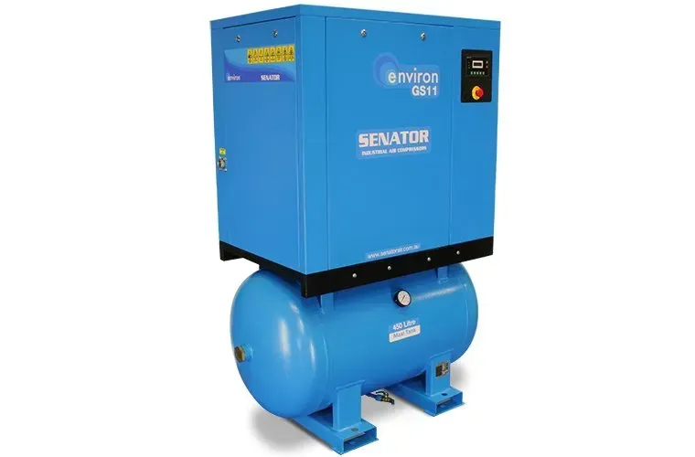 A blue GS4 air compressor is sitting on top of a blue tank.