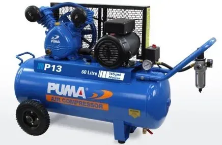 A blue P13 puma air compressor is sitting on a white surface.