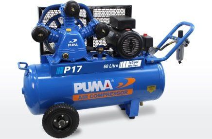 A blue P17 air compressor is sitting on a white surface.