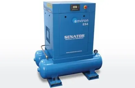 A blue ES4 air compressor is sitting on top of a blue tank.
