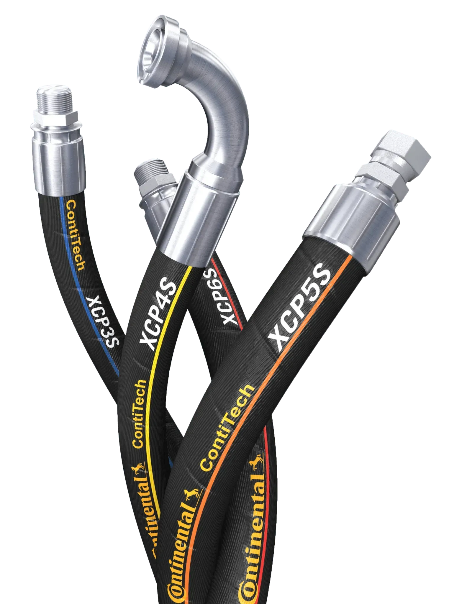 A bunch of hydraulic hoses are stacked on top of each other on a white background.