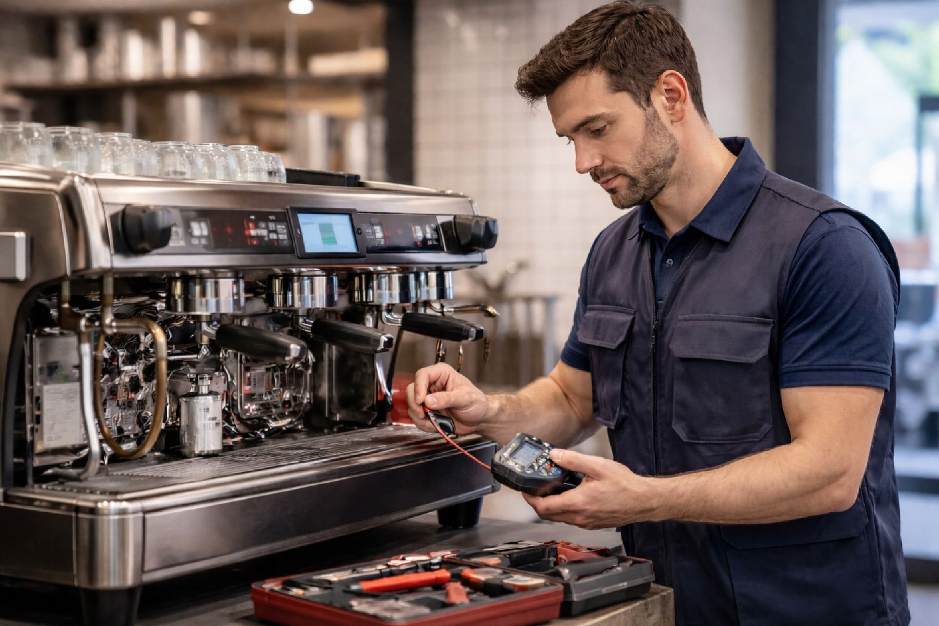 Un tecnico in uniforme blu utilizza uno strumento diagnostico portatile per ispezionare una grande macchina da caffè espresso professionale.