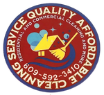 Logo for 'Quality Affordable Cleaning Service' featuring a house, broom, and phone number 609-453-7654