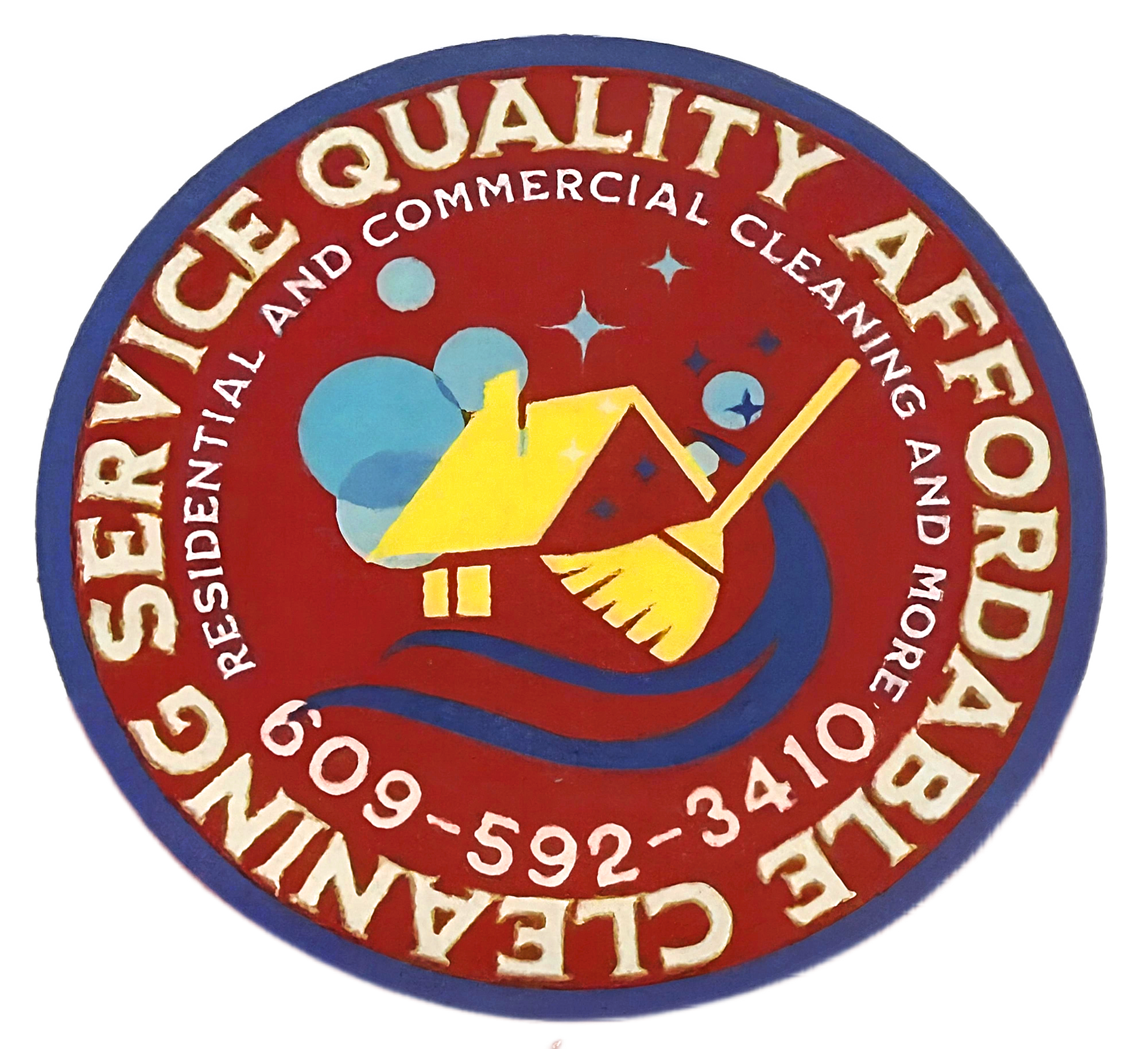 Logo for 'Quality Affordable Cleaning Service' featuring a house, broom, and phone number 609-453-7654