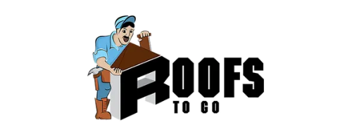 A construction worker next to a stylized roof, with "ROOFS TO GO" in bold letters.