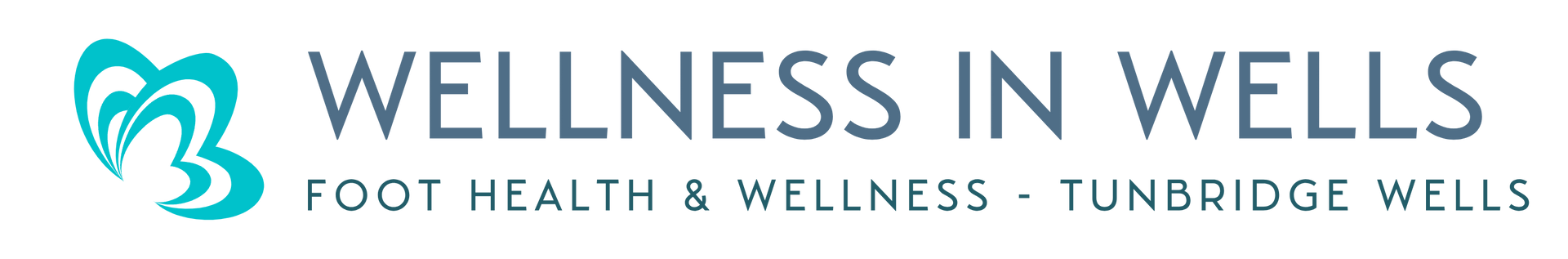 Logo of Wellness in Wells, with teal footprints. Text reads 