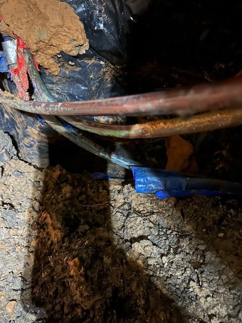 A bunch of wires are laying in the dirt on the ground