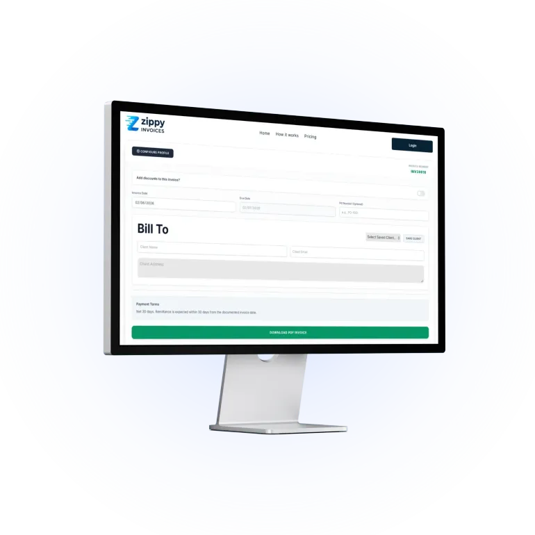 Zippy Invoice generator on a desktop monitor with a green submit button.