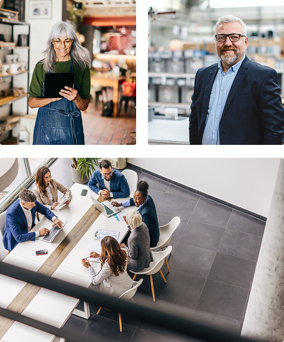 Top left: Woman in apron using tablet in store. Top right: Man in blazer smiles. Bottom: People in meeting.