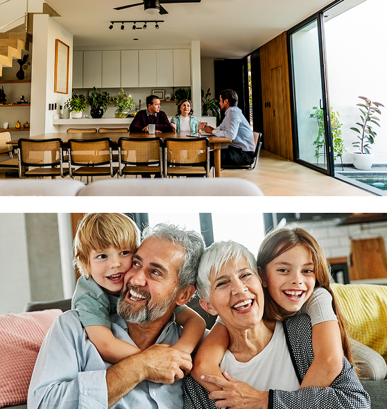 Top: Family at dining table. Bottom: Grandparents with grandchildren smiling.