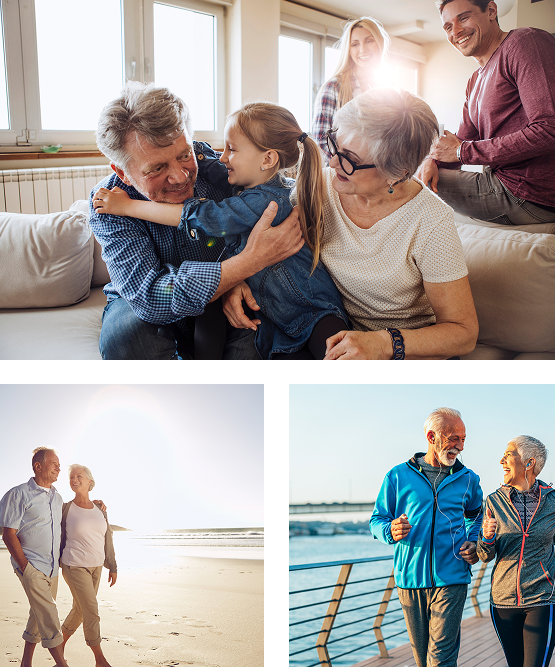 Family embracing, walking on the beach, and jogging outdoors; warm tones, happy expressions.