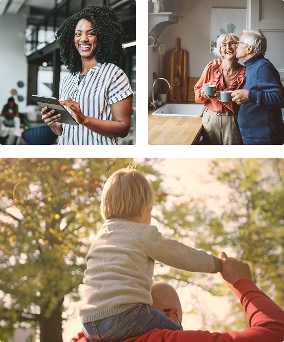 Woman smiling, holding tablet; older couple in kitchen; child on someone's shoulders in park.