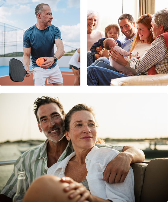 Top left: Man playing pickleball. Top right: Family holding a baby. Bottom: Couple on a boat, smiling.