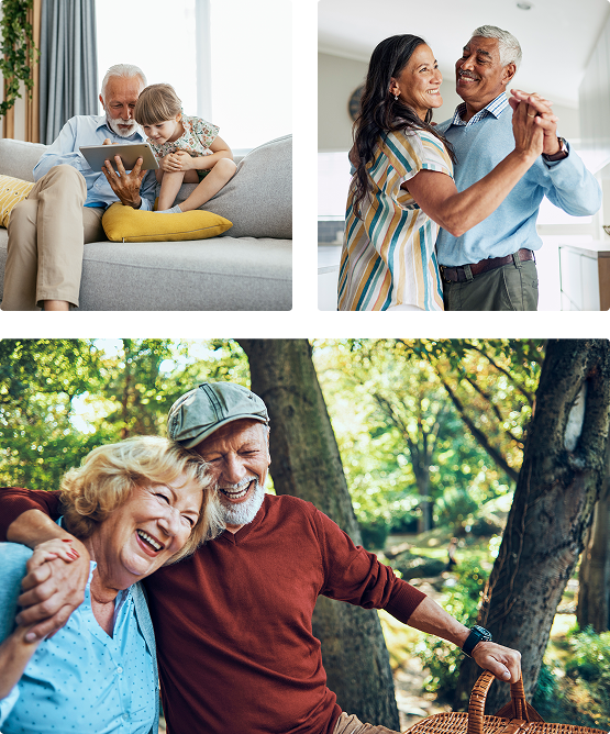 Top left: older man and child looking at a tablet on a couch. Top right: couple dancing. Bottom: happy couple with picnic basket in a wooded area.
