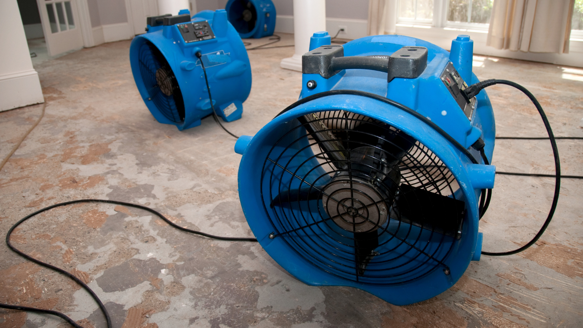 Two blue fans are sitting on the floor of a room.