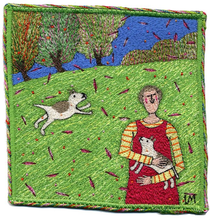 Girl with Two Dogs. Machine embroidery by Linda Miller