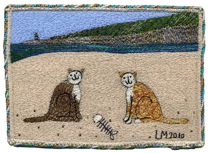 Sharing a Lunch. Machine embroidery by Linda Miller