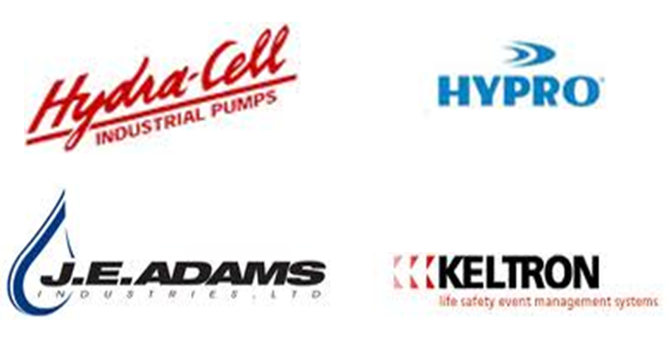 The logos for hydra cell j.e. adams and hypro are on a white background