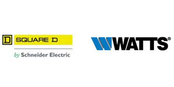 The logos for square d and watts are next to each other on a white background.