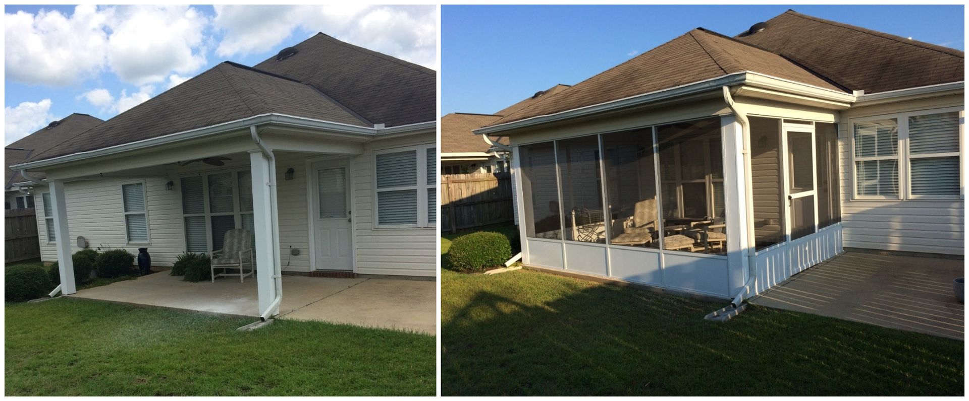 A before and after picture of a screened in porch on a house.