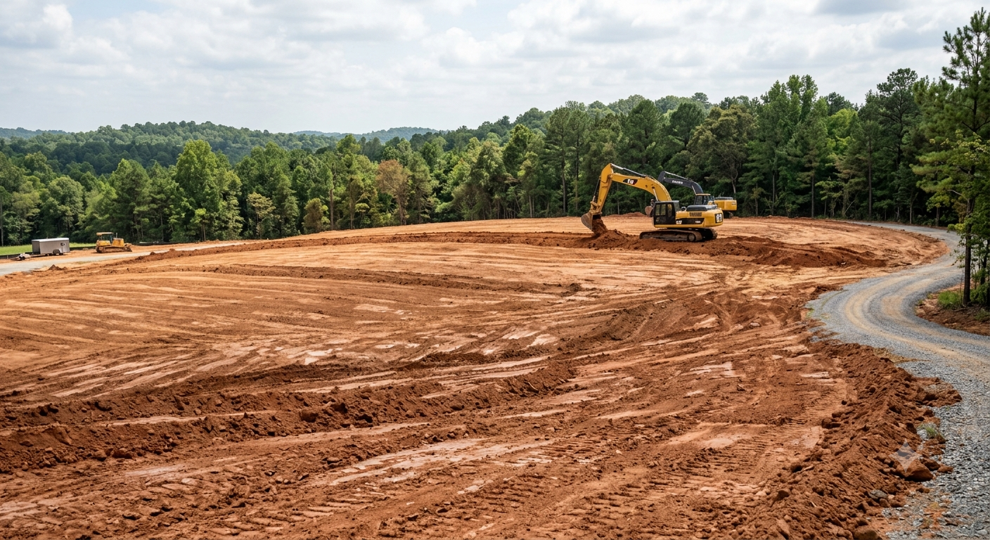Excavator grading a large dirt clearing beside a forested edge under a cloudy sky