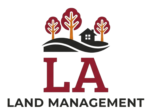 LA Land Management logo with red trees, black house, and bold maroon LA text