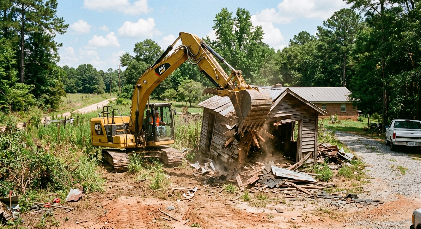 Yellow excavator demolishing a small wooden shack in a rural clearing