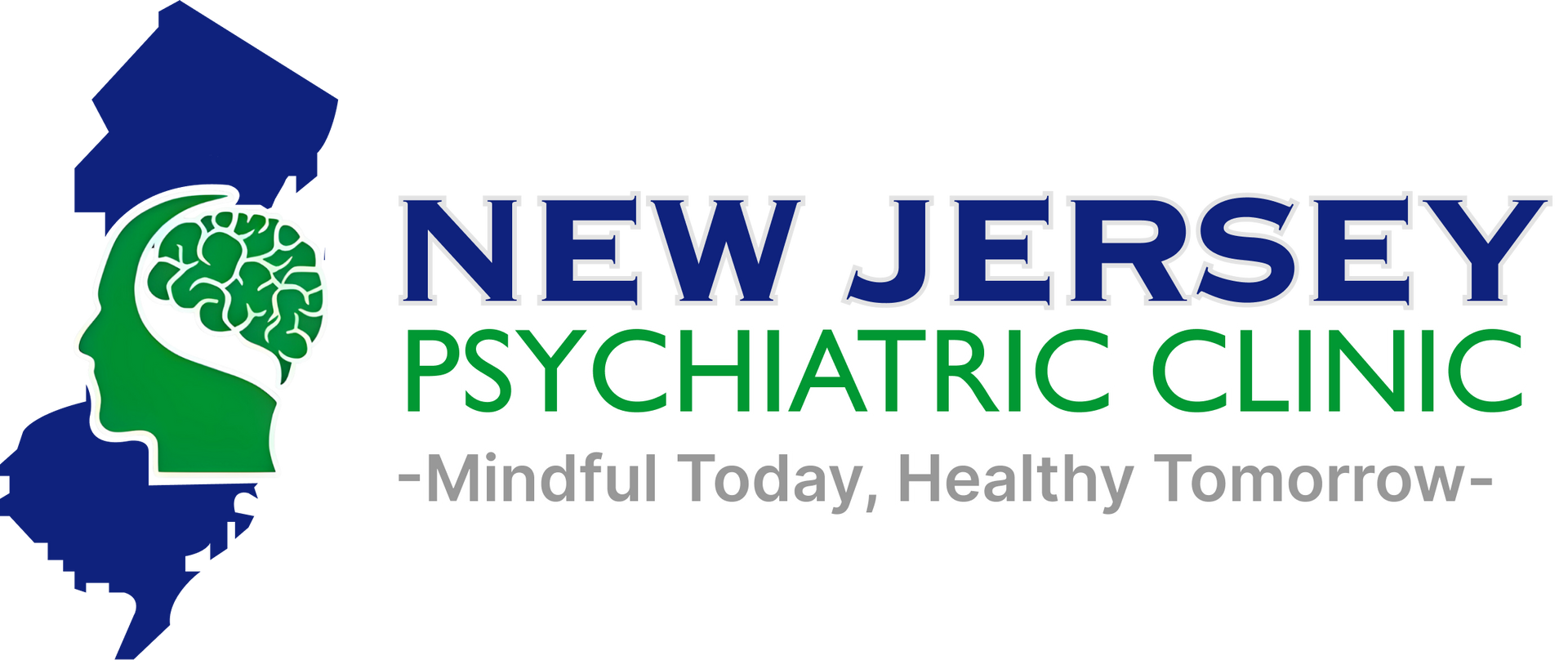 The logo for New Jersey Psychiatric Clinic is a green head with a brain.