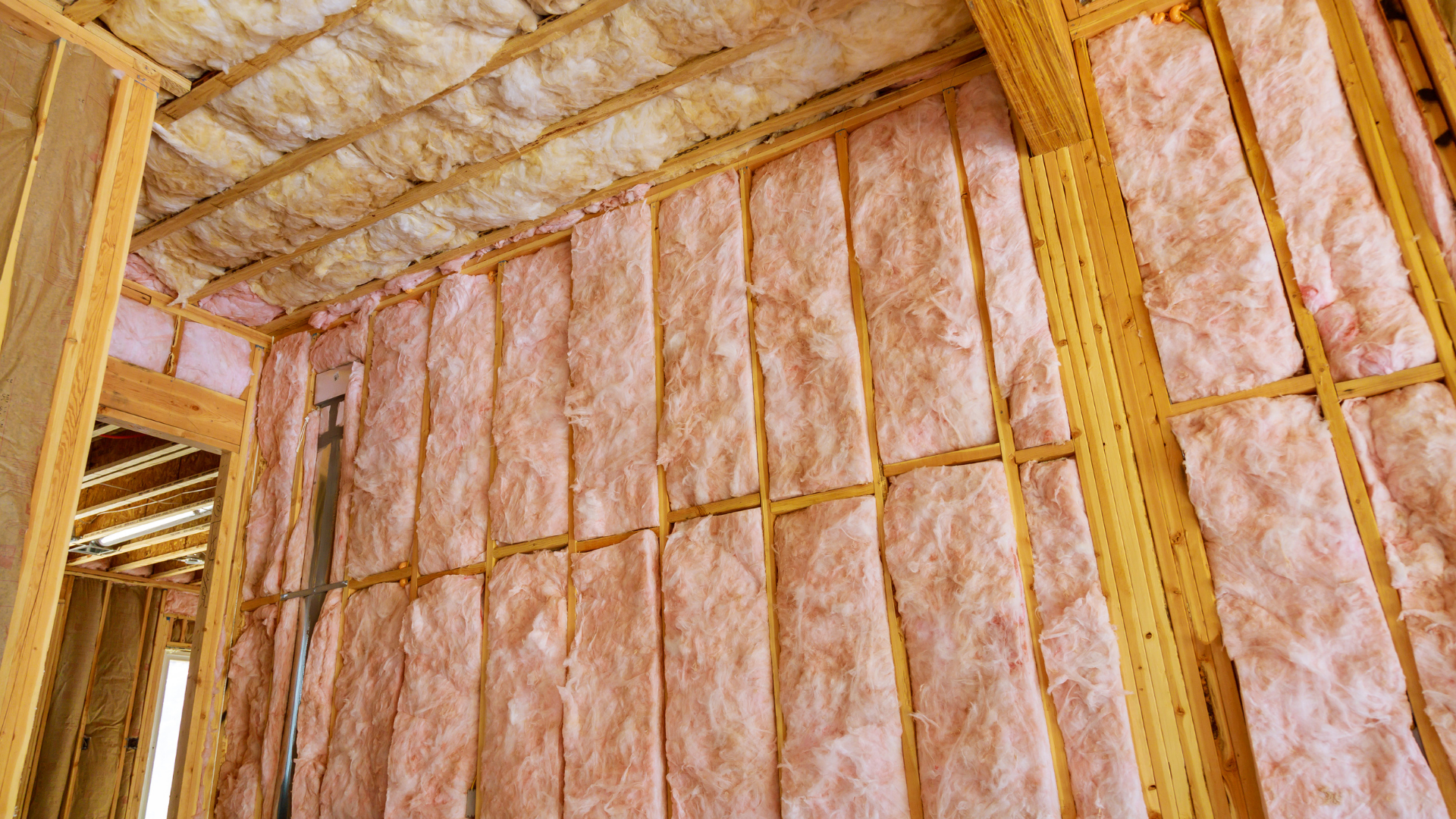 Pink insulation batts installed between wooden studs of a wall and ceiling in a new construction.