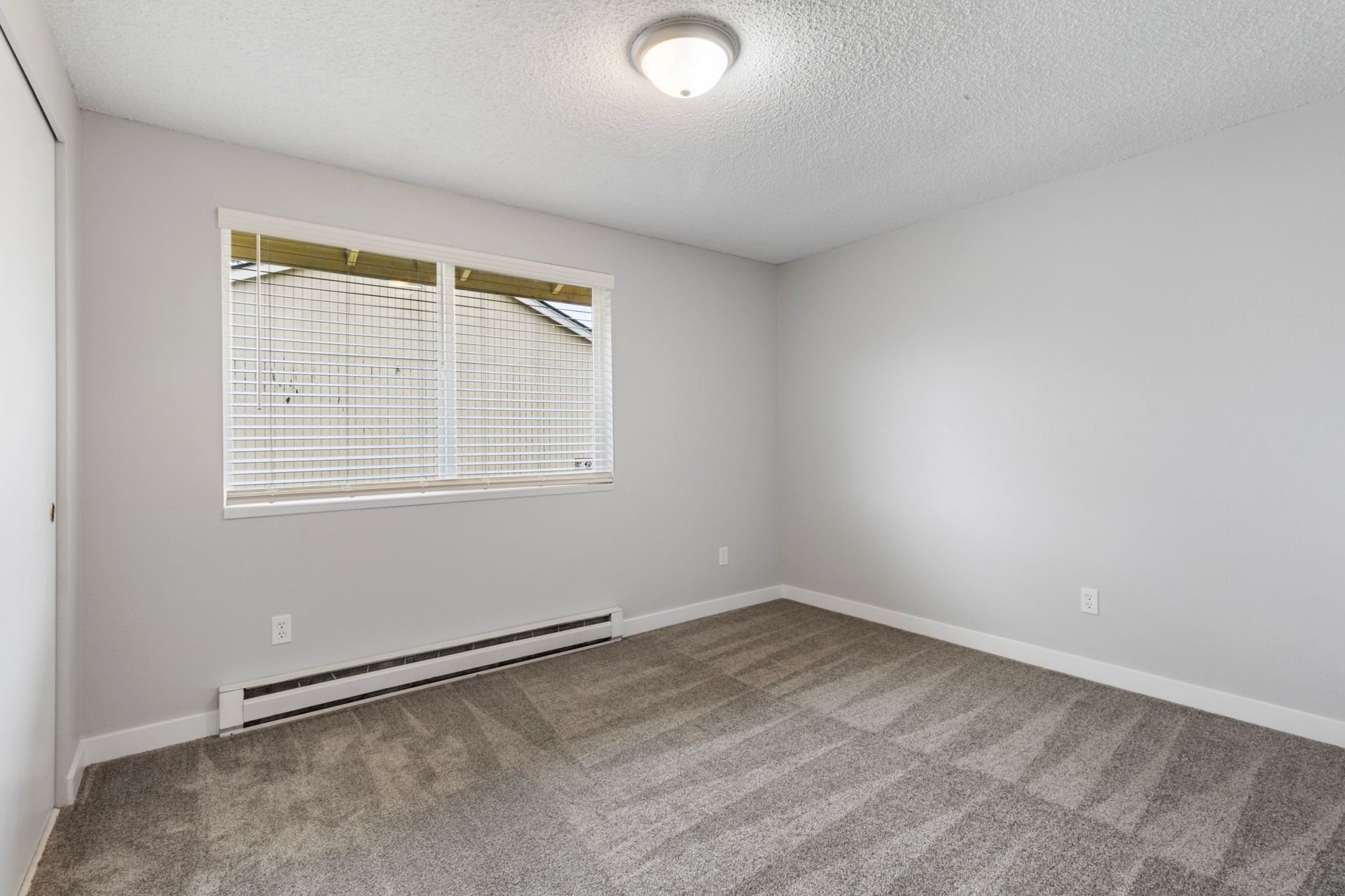 An empty bedroom with a window and a carpeted floor.