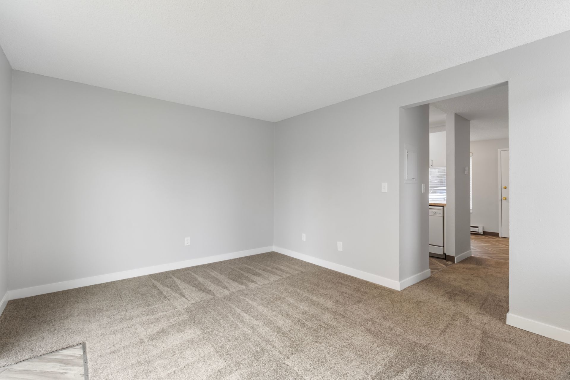 An empty living room with a carpeted floor and white walls.
