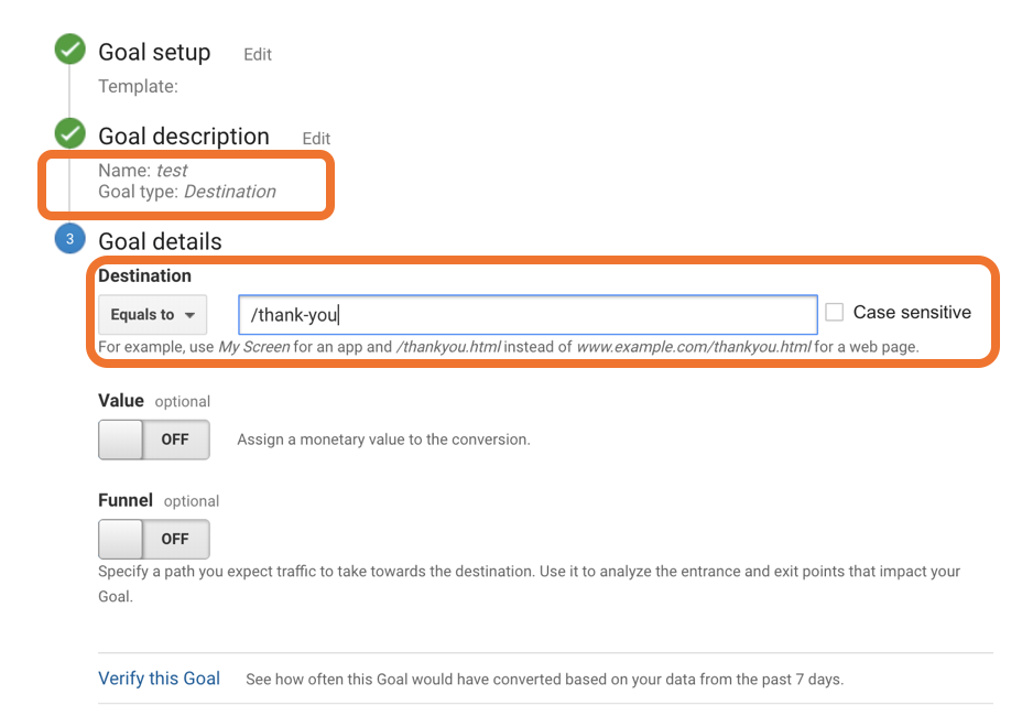 Goal setup for events in Google Analytics