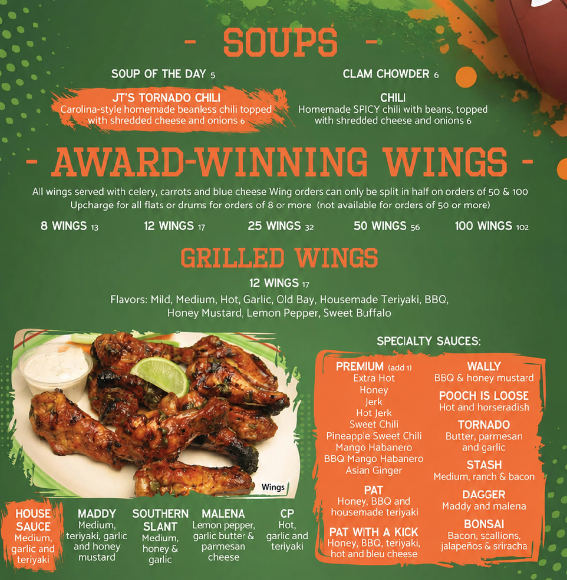 A menu for award winning wings and grilled wings