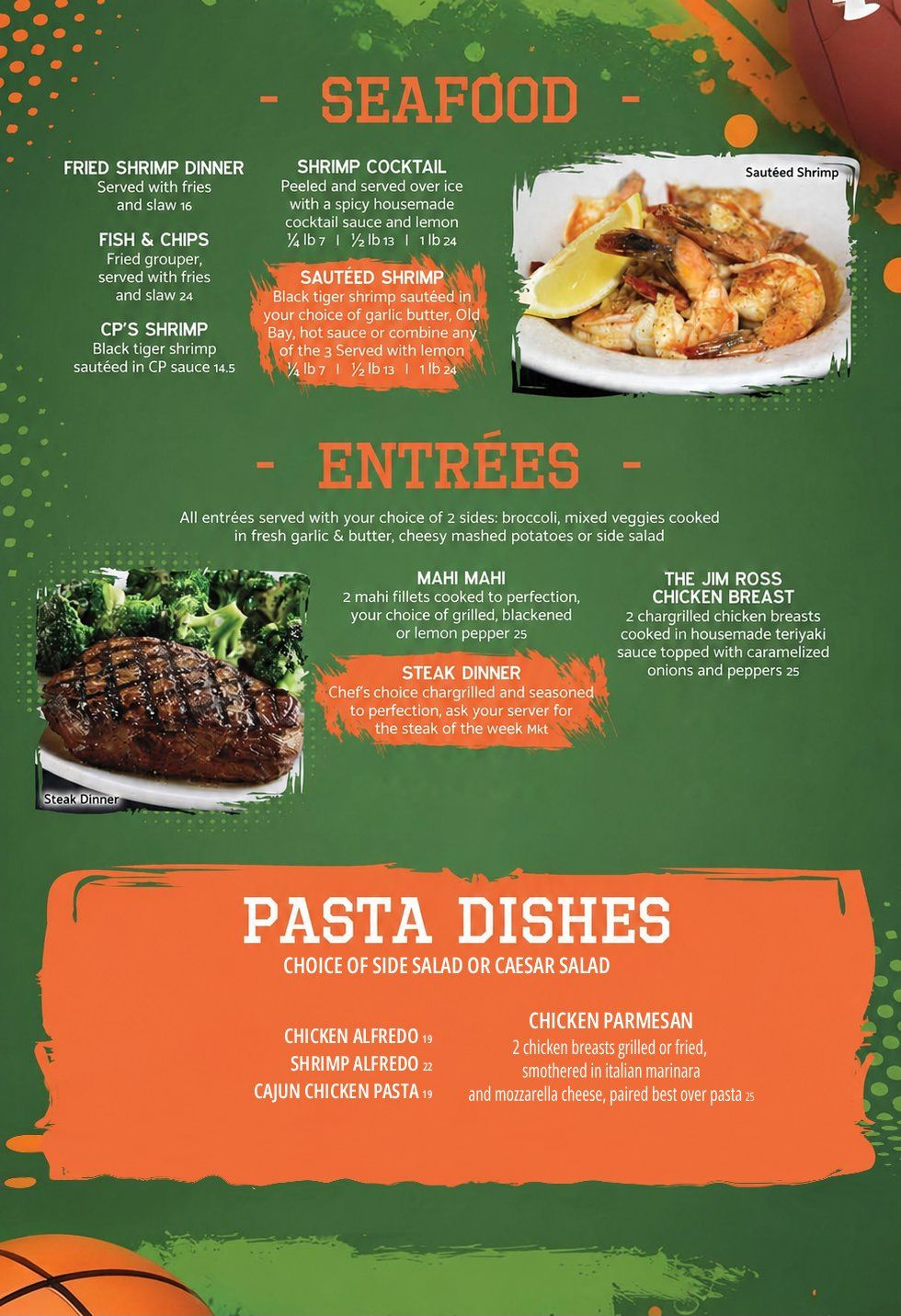 A menu for a restaurant with seafood , entrees , and annual crawfish boil.
