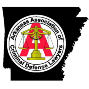 Logo of the Arkansas Association of Criminal Defense Lawyers, featuring a scale over a red 