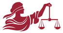 Blindfolded Lady Justice holding scales, maroon silhouette.