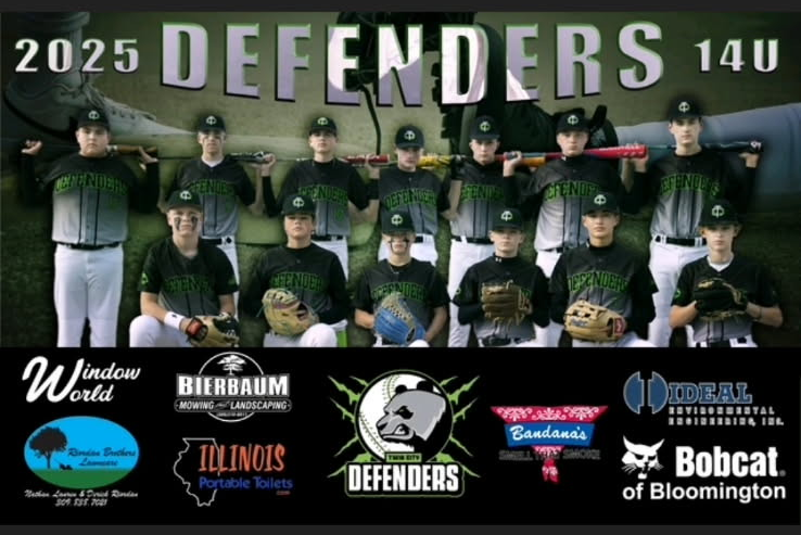 Team photo of the 2025 Defenders 14U baseball team with sponsors listed below on a black background.