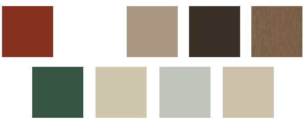 A palette of eight color swatches, including deep red, various shades of beige, gray, dark brown, forest green, and wood.
