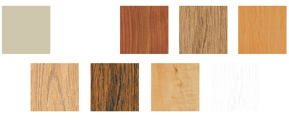 A grid of eight material samples including solid colors, wood grain textures, and varied brown and beige tones.