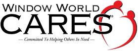 Logo for Window World Cares with text and a red abstract heart-shaped graphic on the right.
