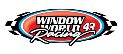 The Window World Racing 43 logo in red, white, and blue, featuring a checkered flag design on an oval background.