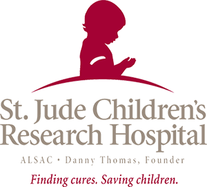 The St. Jude Children’s Research Hospital logo features a child silhouette above the text and mission statement.