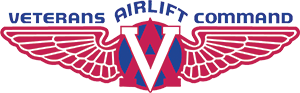 Logo for Veterans Airlift Command featuring red wings, a blue and red V-A emblem, and blue text on a white background.