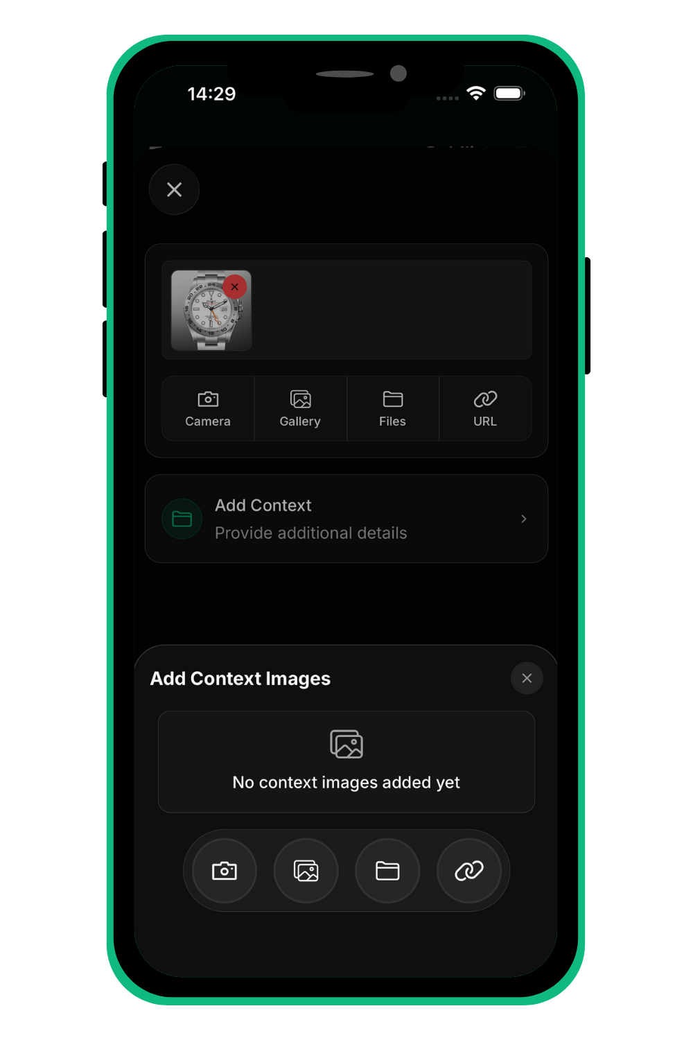 Mobile app screen with image upload options: camera, gallery, file, and URL.